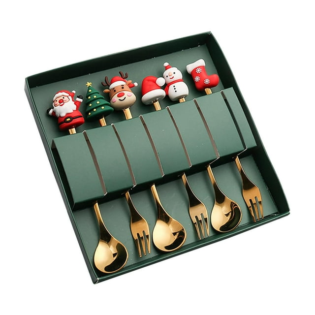 Juego de 6 tenedores de cucharas navideñas, juego de cubiertos, cucharas de té, acero inoxidable, cucharas de postre, tenedores para regalo, cocina Estilo A BLESIY Cucharas De Postre Tenedores