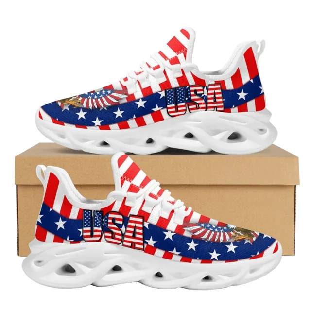 Zapatillas de deporte de verano con cordones y amortiguación de aire, con estampado de bandera estadounidense de águila americana, de malla, para mujer y hombre, con punta redonda.