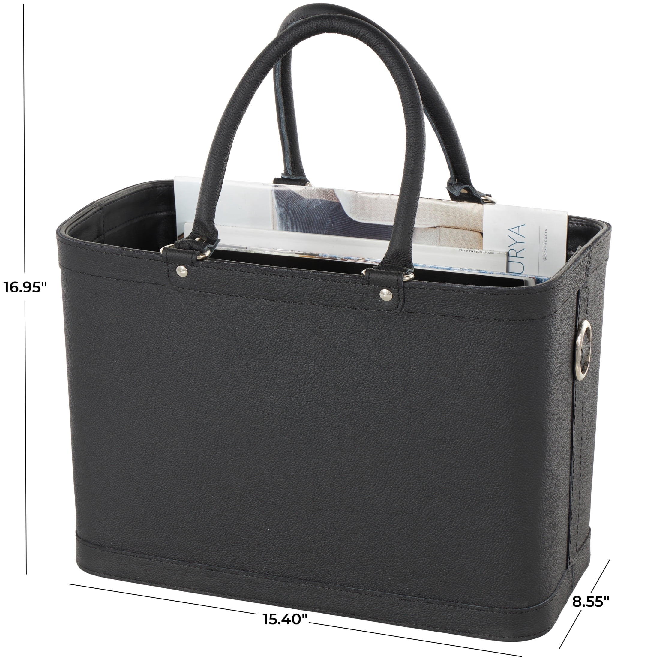 DecMode 17" Black Leather Handmade Box Style Single Slot Magazine Holder with Arched Handles