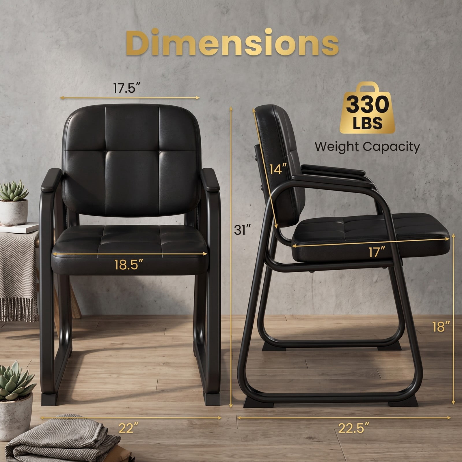 Furnibear Waiting Room Chairs Set of 2, PVC Leather Office Reception Guest Chairs with Padded Armrests, Ergonomic Backrest and Metal Frame for Meeting Room, Black