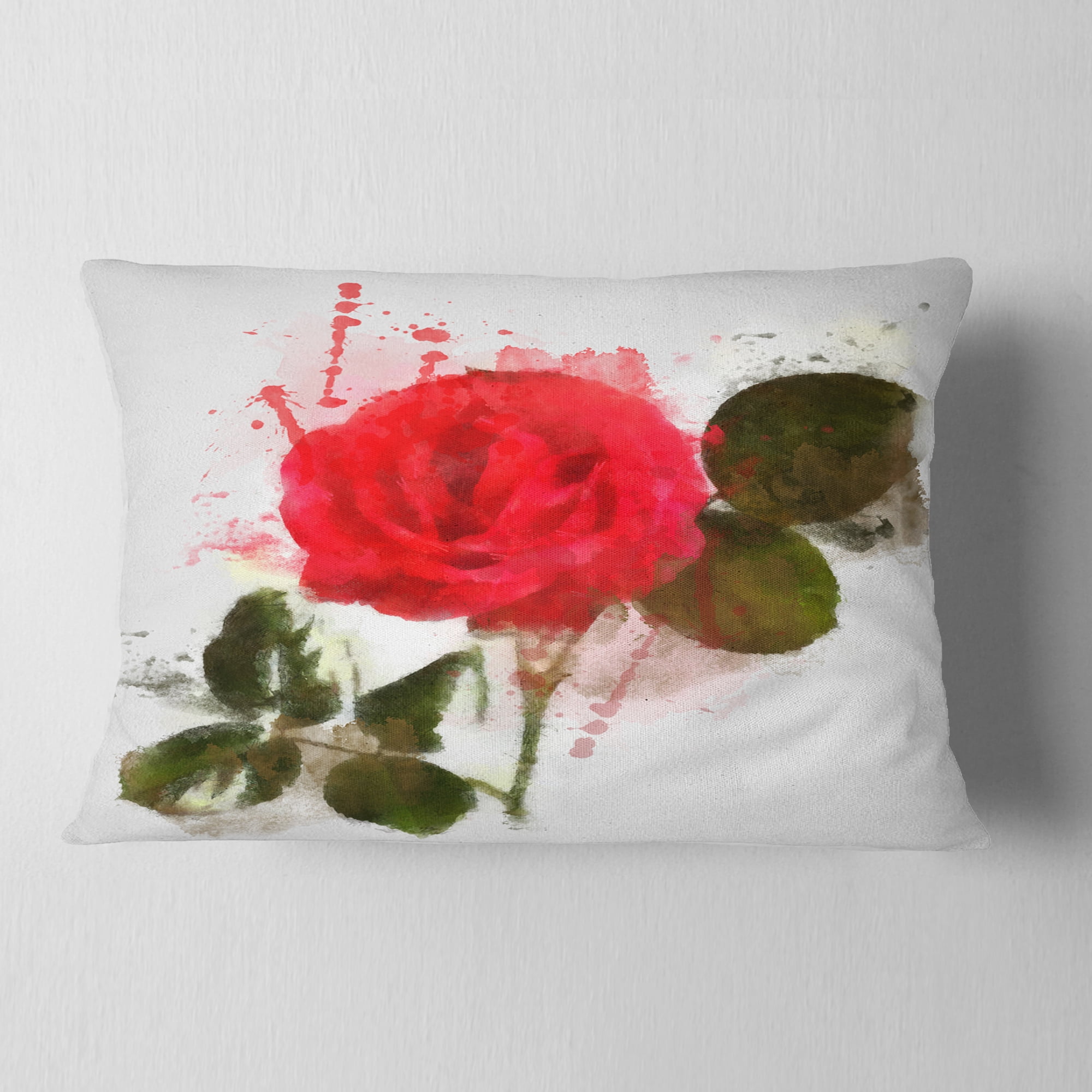 Designart Red Rose with Green Petals - Floral Throw Pillow - 12x20