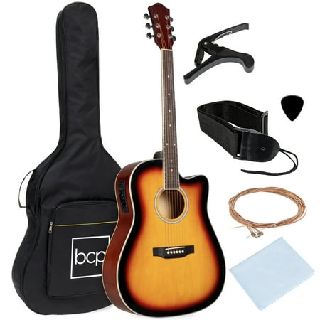 Best Choice Products Beginner Acoustic Electric Guitar Starter Set 41in w/ All Wood Cutaway Design  Case - Sunburst