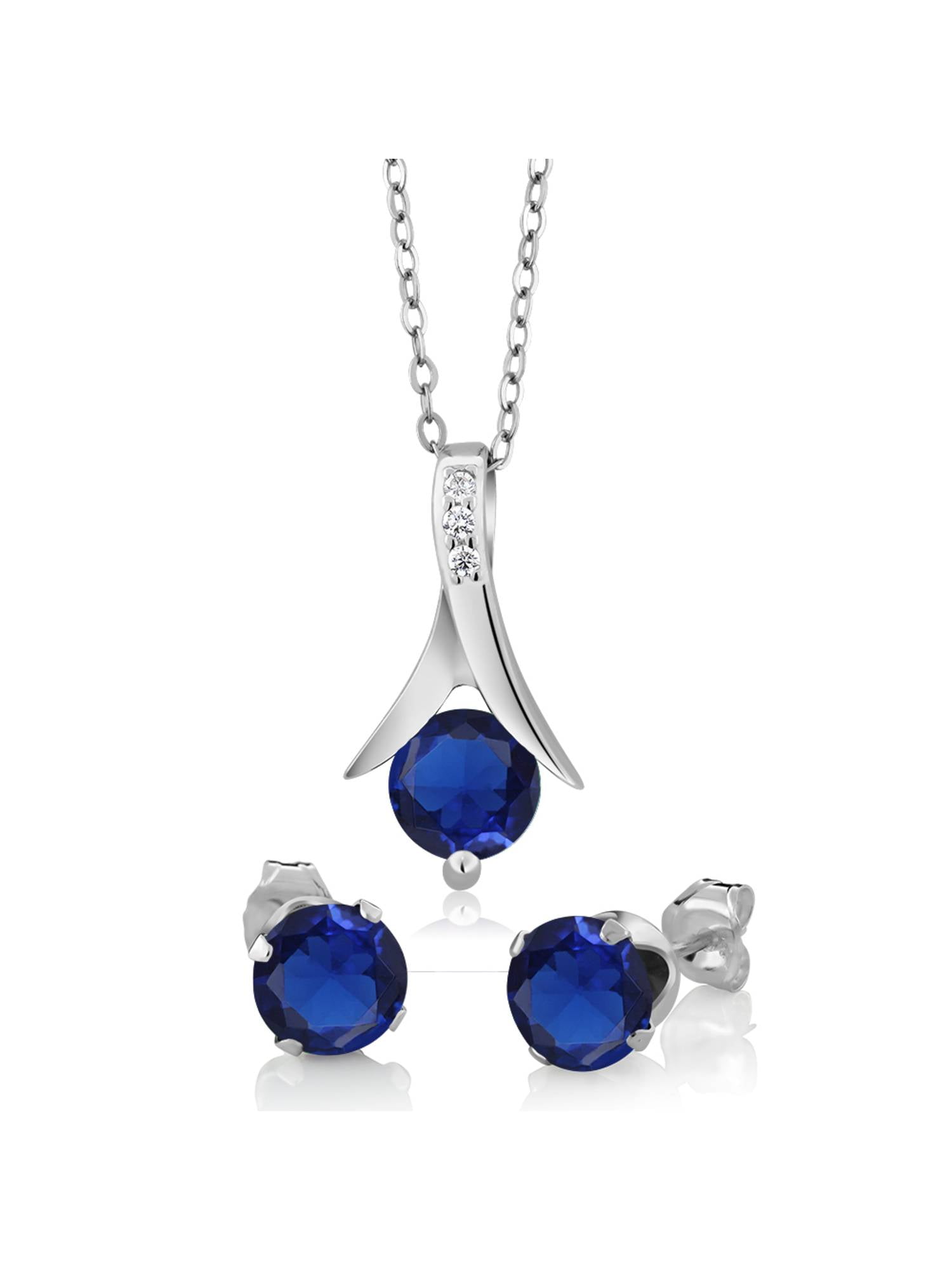 2.40 Ct Round Simulated Sapphire 925 Silver Pendant and Earrings Set 18' Chain