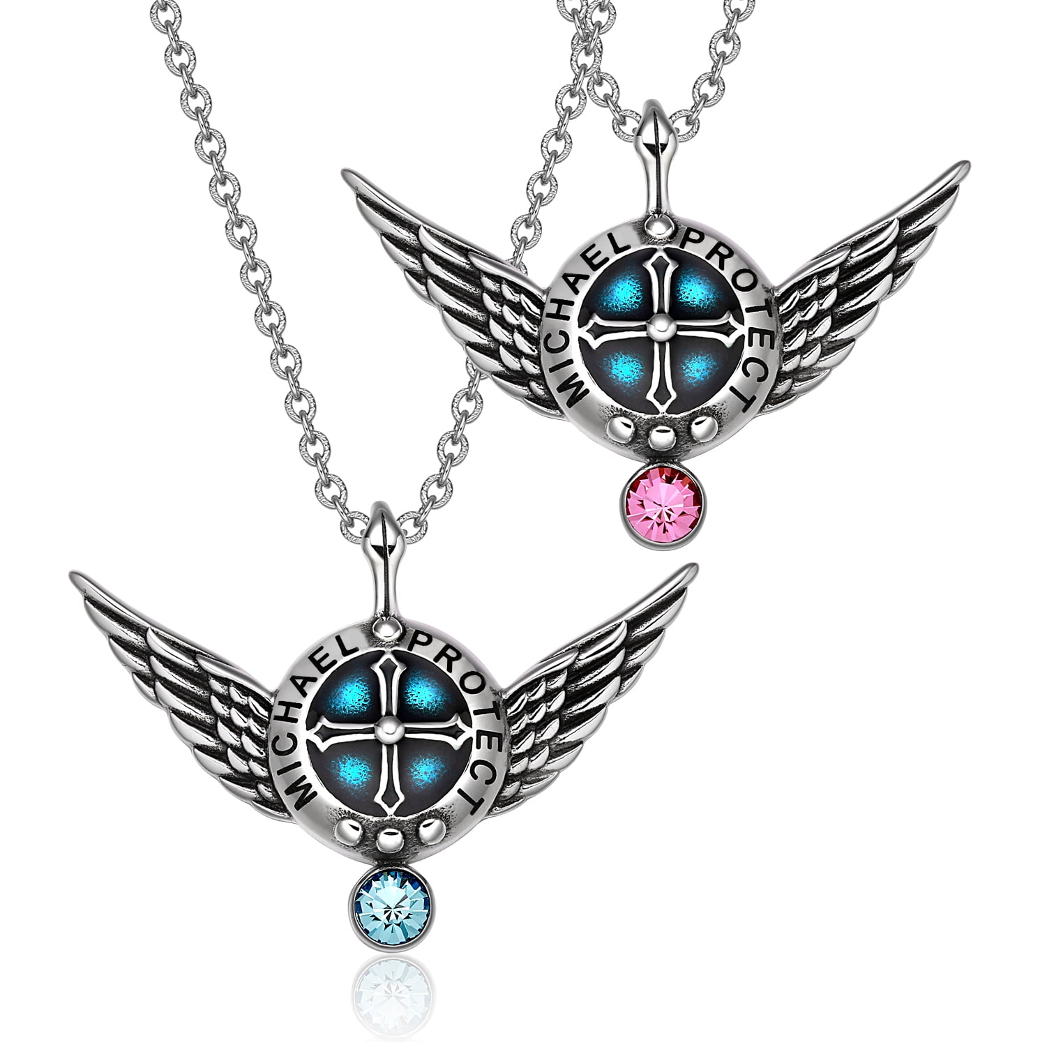 Angel Wings Archangel Michael Love Couples or Best Friends Set Sky Blue and Pink Pendant Necklaces 