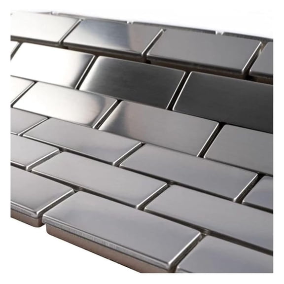 XLMD Silver Stainless Steel 1x2 Brick Mosaic Tile for Kitchen Backsplash, Bathroom Shower Wall, Fireplace, and Accent Decor - Modern Metallic Finish - Easy to Install (1 Sheet)