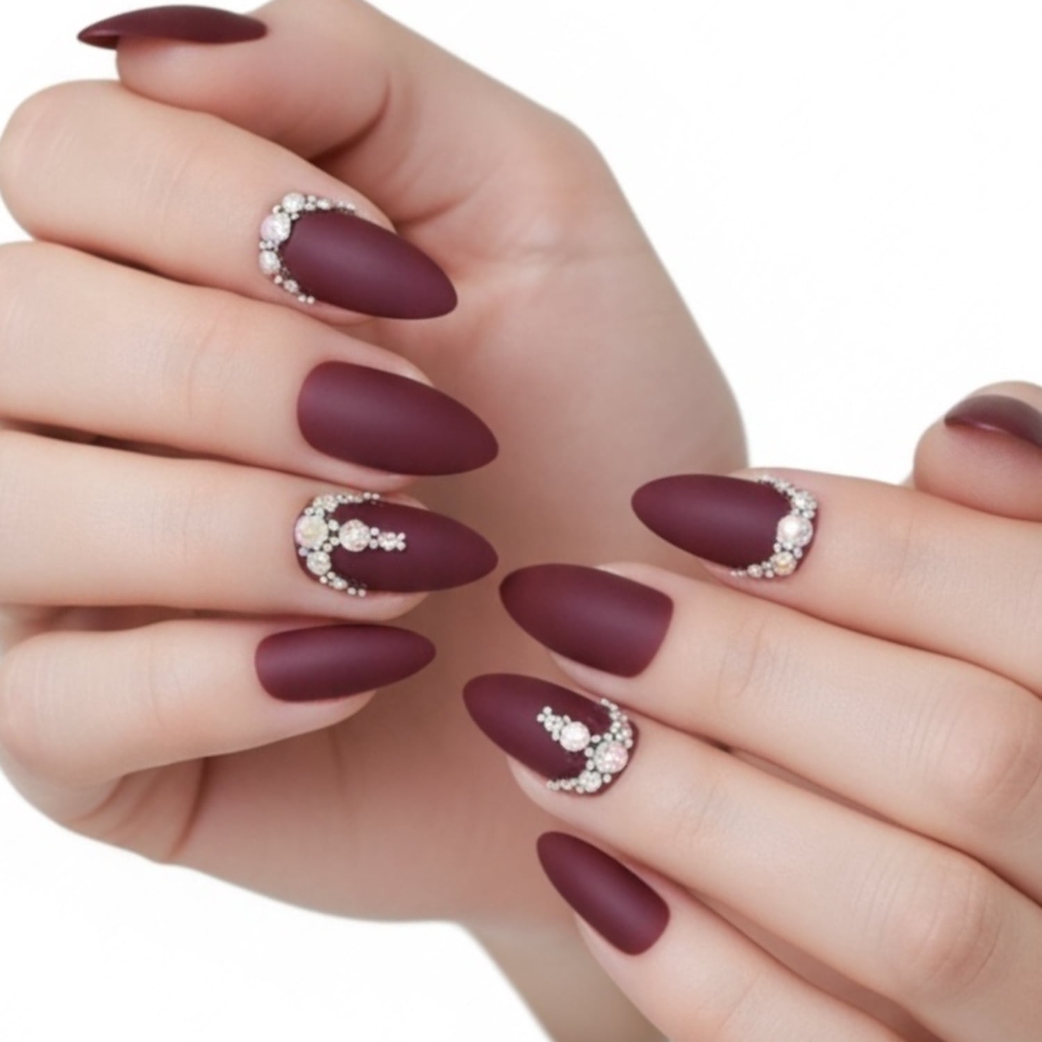 Matte Dark Red Burgundy 3D Crystal Press On Nails, Long Stiletto Fake Nails, Prestige Passion