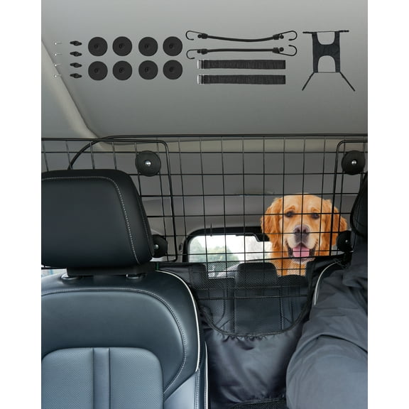 KFFKFF Dog Car Barriers, 35.4"-60.6" Customizable Installation in Front Seat, All-Purpose Robust Wire Mesh Canine Separation Net, Auto Animal Barrier for Sedans, Trucks, and SUVs