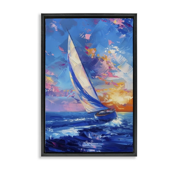 Stupell Industries Abstract Boat at Sunset Transportation Painting Black Floater Framed Canvas Art Print Wall Art, 17 x 25