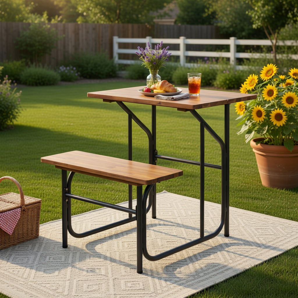 Hommoo Acacia Wood Outdoor Picnic Table and Bench Set, Single-Side Patio Table with Metal Frame, Black & Natural