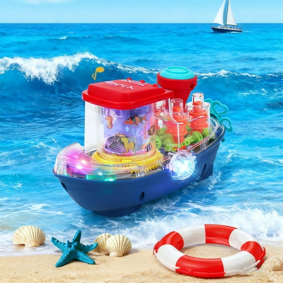 Kumdkd Electric Transparent Ship Toy – Colorful Light & Music, Obstacle Avoidance, Educational STEM Gift for Kids (Blue, 19x11x10cm)