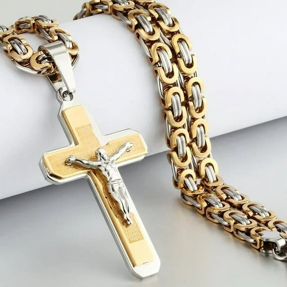 Lordgold Religious Men 14K Yellow Gold Crucifix Cross Pendant Necklace Heavy Byzantine Chain Necklaces Jesus Christ Holy Jewelry Gifts