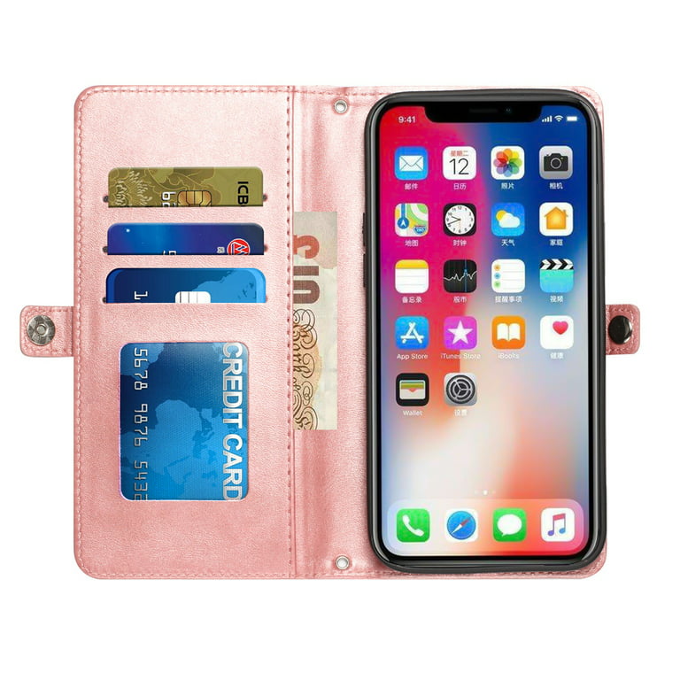 For Cricket Ovation 3 Luxury 9 ID Cash Credit Card Slots Holder Carrying  Pouch Folio Flip PU Leather Lanyard & Kickstand Cover ,Xpm Phone Case [  Rose Gold ] 