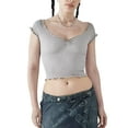 thumbnail image 1 of Biekopu Women Short Sleeve Crop Tops Solid Color Rib Knit V-Neck Summer Slim Fit Shirts Streetwear, 1 of 6