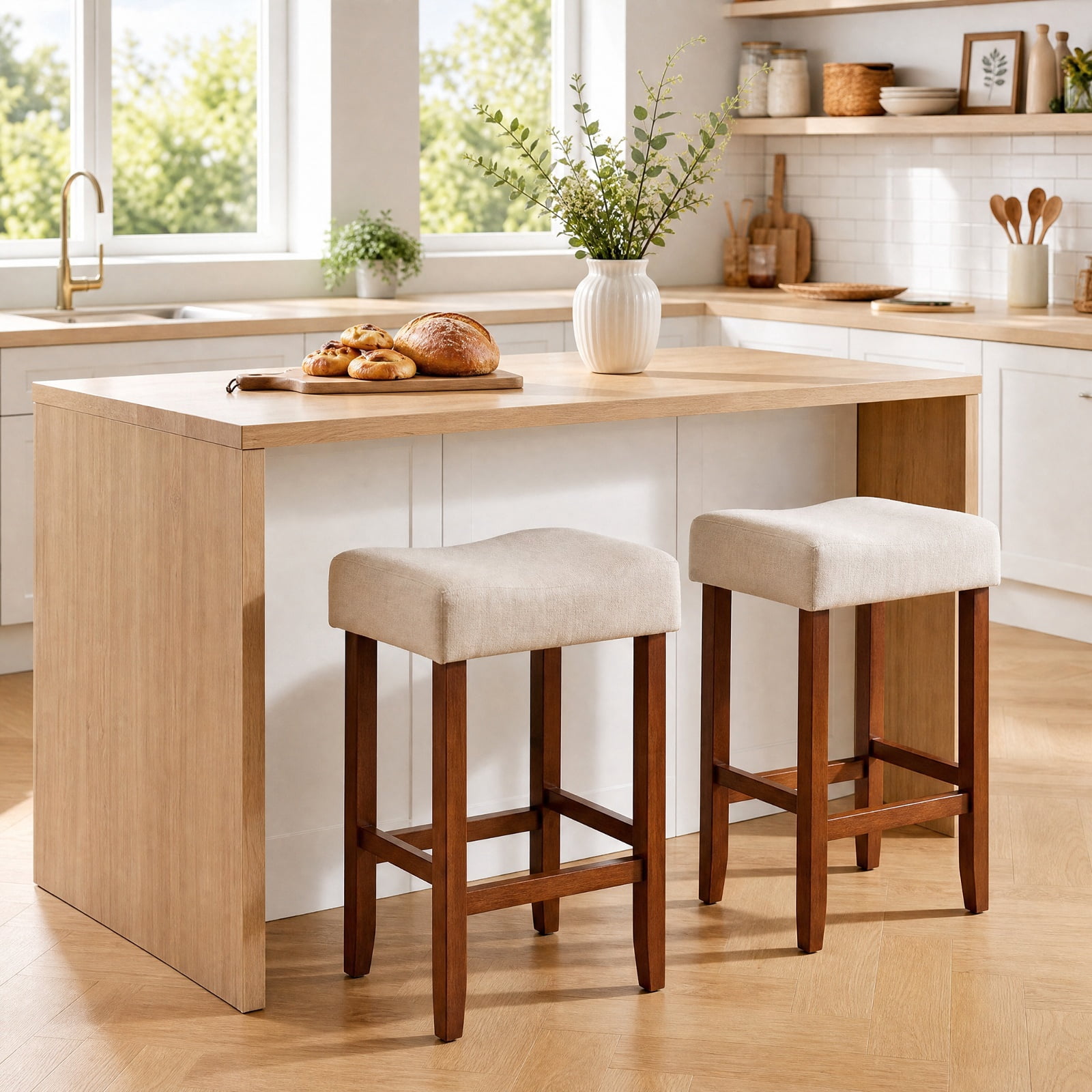 Furnibear Set of 2 24 Inch Bar Stool with Curved Seat Cushions-Off White for Kitchen Island Counter Bar Pub Dining Home, Brown