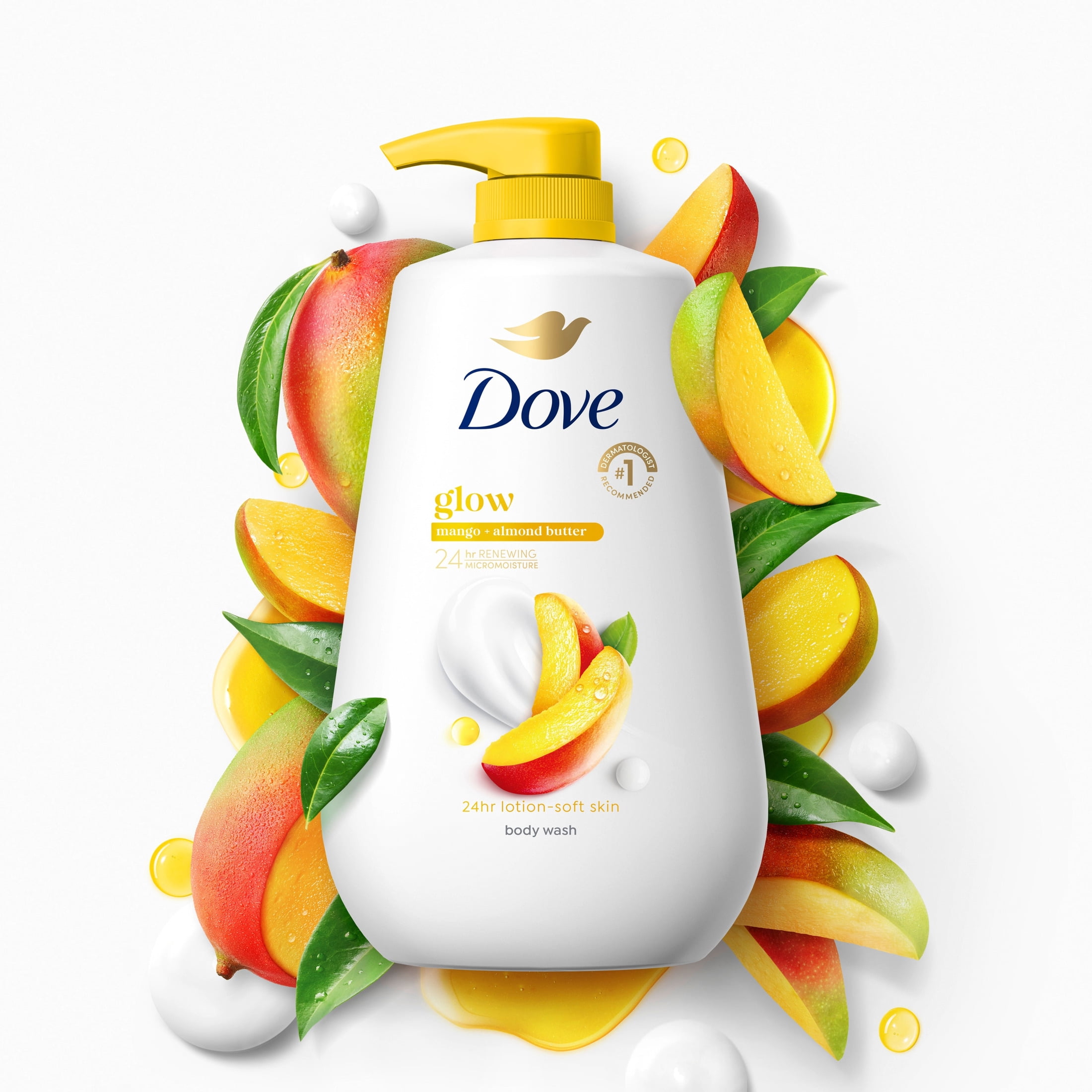 Dove Body Wash With Pump For 24hr Lotion-Soft Skin Glow Mango & Almond Butter Moisturizing Skin Cleanser With No Sulfates No Parabens ,30.6 fl oz