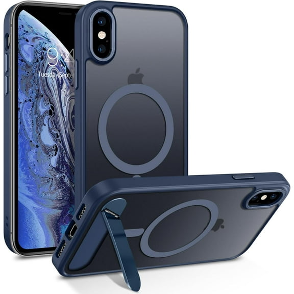 for iPhone Xs Max Case with Stand, Magnetic Cases with Foldable Invisible Stand Translucent Matte Back Slim Protective Shockproof Kickstand Phone Case for iPhone Xs Max 6.5", Blue