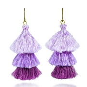 Amazing Layered Triple Stack of Purple Tassels & Brass Dangle Earrings for Women