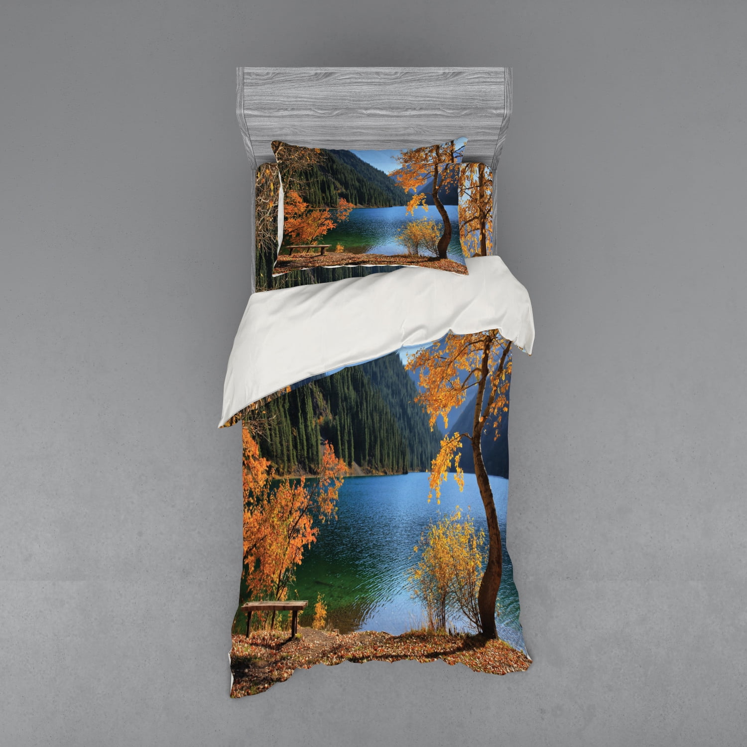 Tree Duvet Cover Set, Autumn Season by Lake and Mountain Nature Theme
