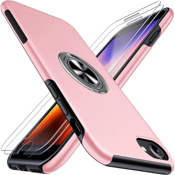 for iPhone SE 2022 Case, iPhone SE 2020 Case, iPhone 8/7/6s/6 case Ultra Slim with 2Pcs Tempered Glass Screen Protector Full Body Shockproof Phone Case with Invisible Ring Stand, 4.7" Pink