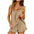 thumbnail image 3 of Yeaiivve Womens Pajama Sets Ruffle Tank Tops and Shorts Set Soft Comfy Pjs Lounge Set Linen Summer Loungewear Khaki L, 3 of 8