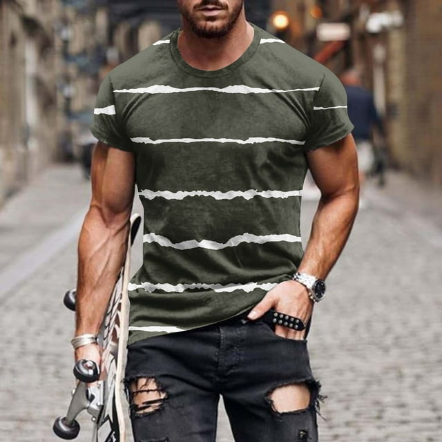 Qertyioot T-Shirt à Manches Courtes pour Hommes, Col Rond, Rayé, Imprimé, Entraînement Physique, Sport, en Solde