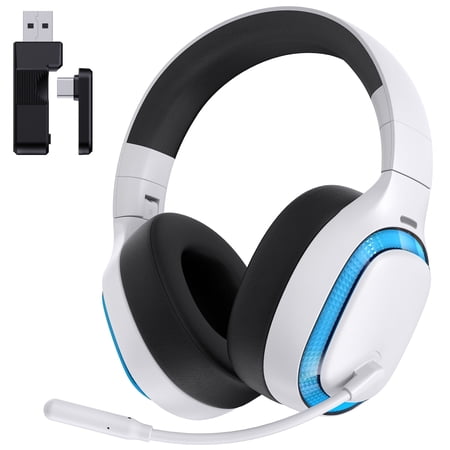 Ecomoment Wireless Gaming Headset for PS5, PC,Switch,Mac with Bluetooth 5.4, 2.4GHz USB PS5 Headset with Mic,Gaming Headphones with RGB Light, 70H Battery Life,White&blue/