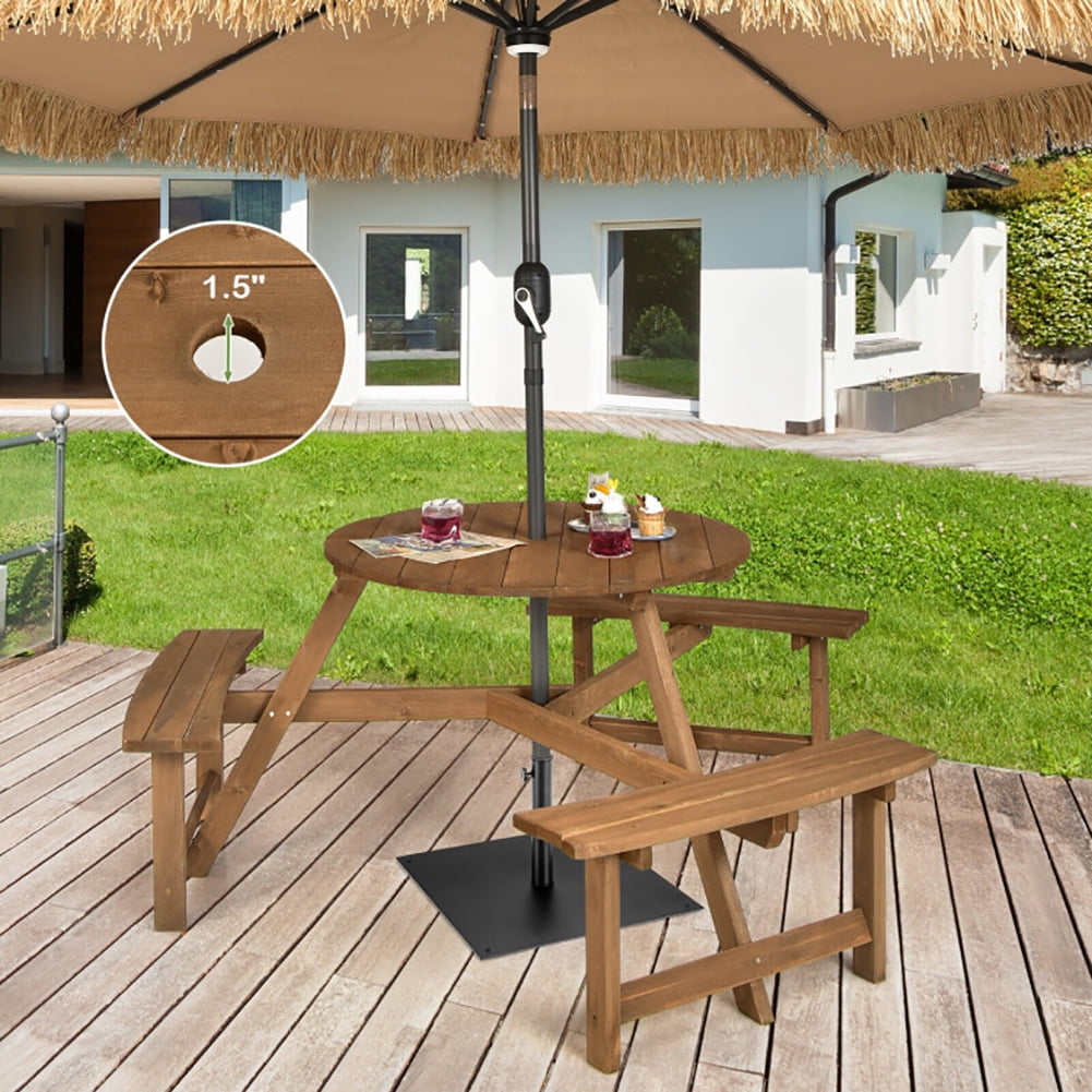 Aimee Lii 6-person Round Wooden Picnic Table with Umbrella Hole and 3 Built-in Benches, Patio Furniture Set, Dark Brown Aimee Lii 6-person Round Wooden Picnic Table with Umbrella Hole and 3 Built-in Benches, Patio Furniture Set, Dark Brown