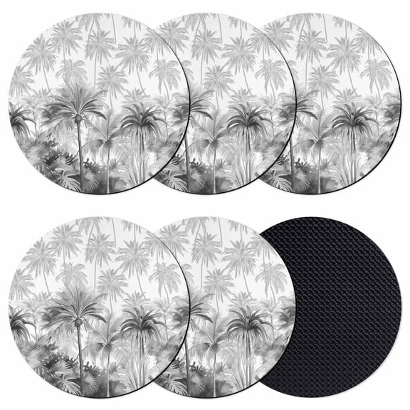 Summer Tropical Leaves Coasters Set of 6, Gray Palm Trees Botanical Absorbent Coasters for Drinks, Coaster for Bar Office Dining Coffee Table Accessories Decor, Non Slip Round Desk Coaster