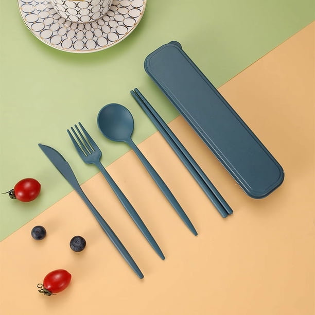 Zhuge Utensilios de viaje reutilizables con estuche, juego de 2 cubiertos portátiles para acampar para uso diario o al aire libre, azul oscuro