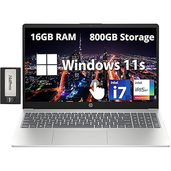 HP 15.6" Ful HD Touchscreen Laptop, Intel i7-1255U, 16GB RAM, 800GB Storage (512GB SSD+288GB Docking Station Set), Intel Iris Xe Graphics, Numeric Keypad, HD Webcam, Wi-Fi 6E, Silver, Win 11 S