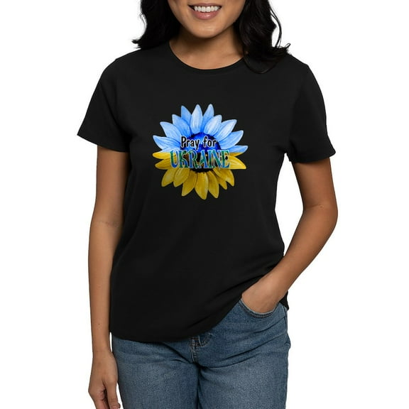 CafePress - Pray For Ukraine Blue And Yellow Sunflower T Shirt - Women's Traditional Fit Dark T-Shirt