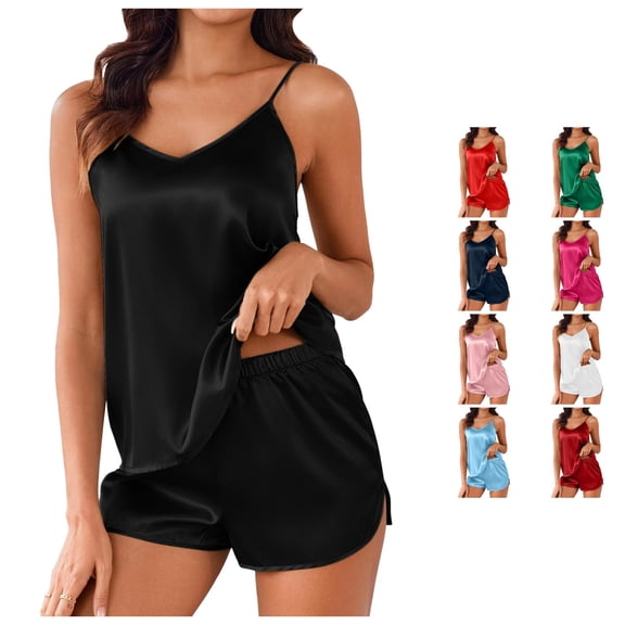 XAOFW Silk Satin Pajamas For Women Set Sleeveless Crewneck Solid Color Tops And Shorts Soft Cozy 2 Piece Sleepwear Loungewear Sets Breathable Nightwear L