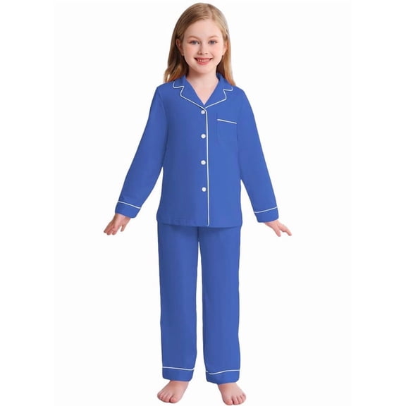 Girls 100% Cotton Pajamas Set Button Down Long Sleeve 2 Piece Girls Sleepwear Pjs