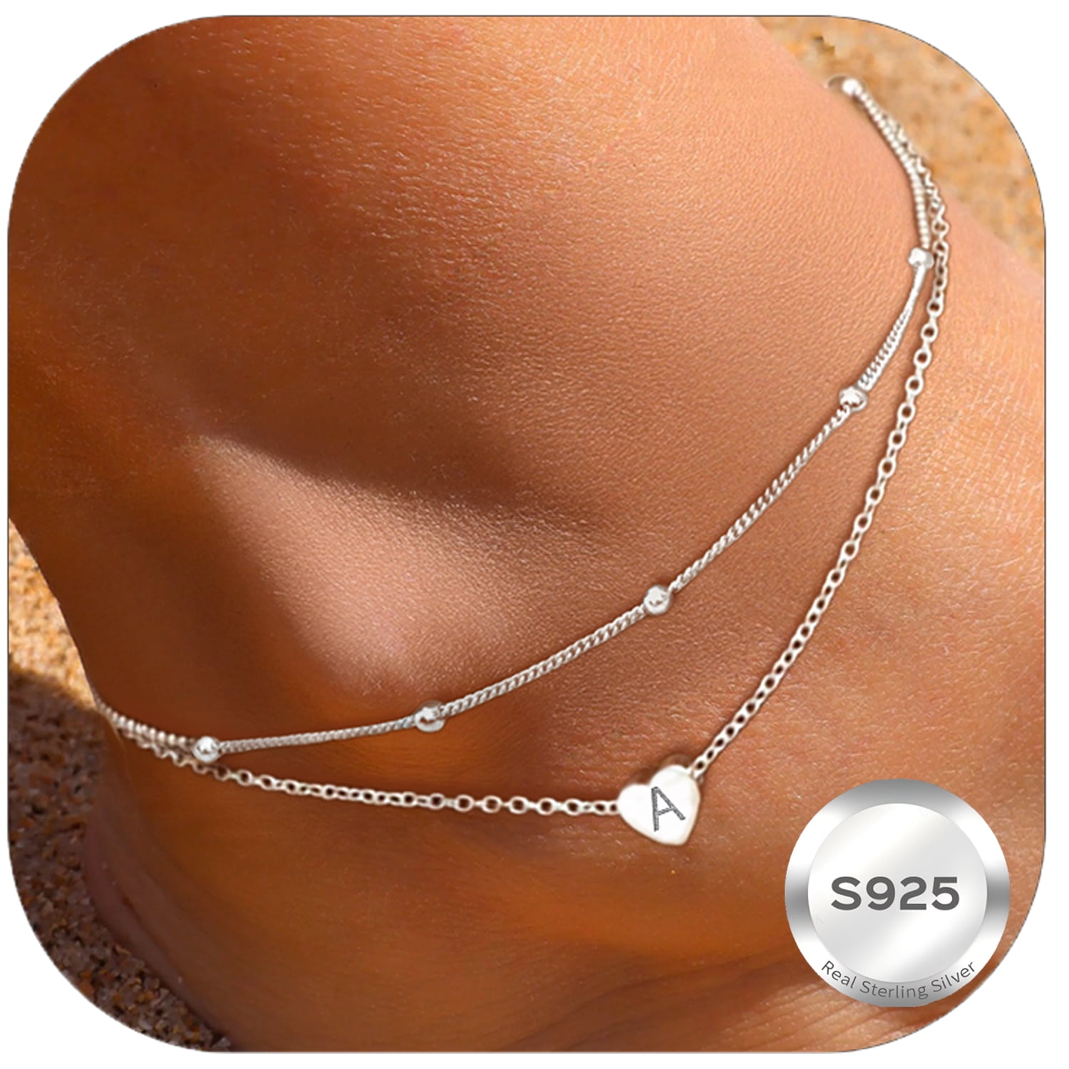 ChicSilver 925 Sterling Silver Layered Initial Anklet Bracelet Dainty Beaded Chain Anklet Adjustable 11" Waterproof Summer Beach Jewelry for Women