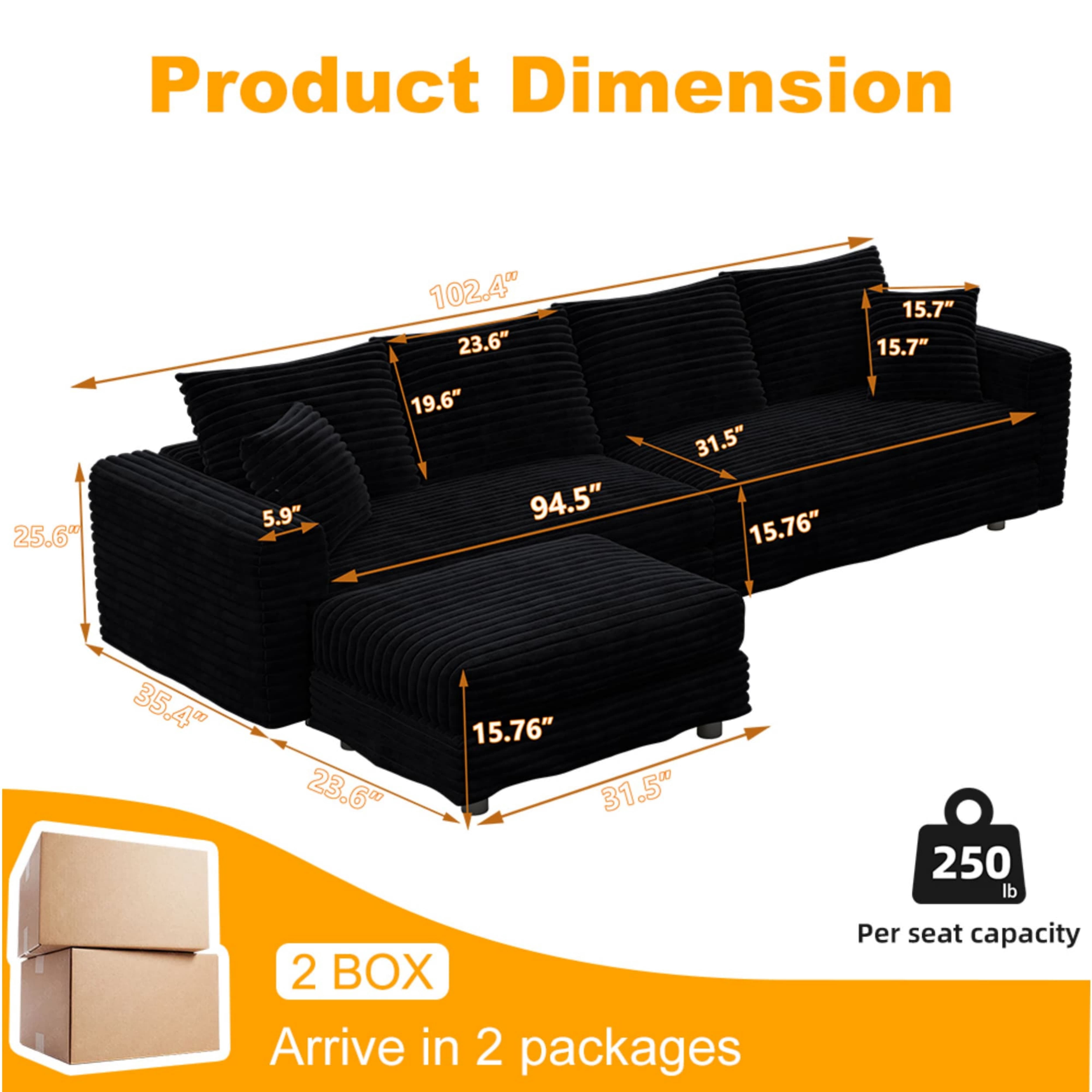 Alvantor 4-Seat Sofa with Movable Ottomans 102" W Corduroy Upholstered Deep Seat Couches L Shaped Convertible Chaise for Living Room, Apartment Black