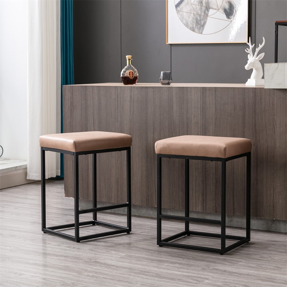 24" Bar Stools Set of 2, Modern Faux Leather Upholstered Counter Height