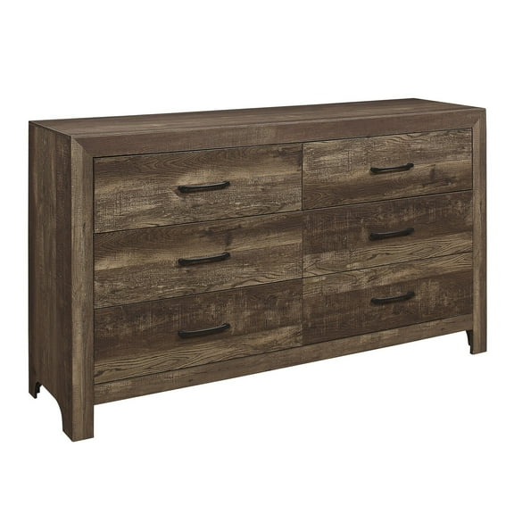 Benjara BM219068 6 Drawer Rustic Wooden Double Dresser with Block Legs Support, Brown