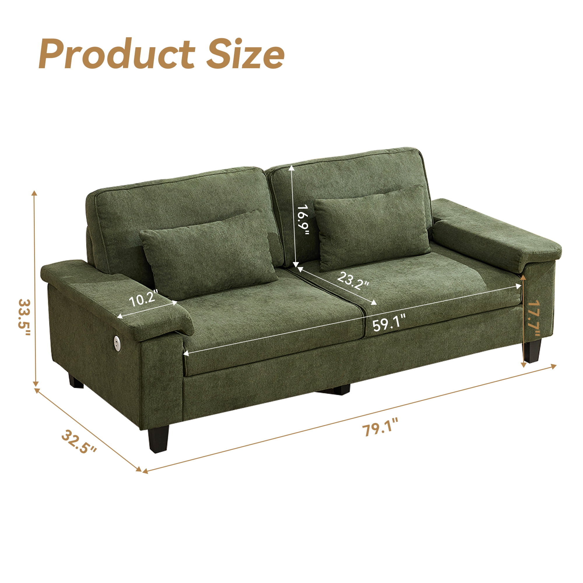 79" Modern Deep Seat Sofa for Living Room with Adjustable Armrests & USB/Type-C Charging Ports ,3-Seater Loveseat for Apartment, Home Office