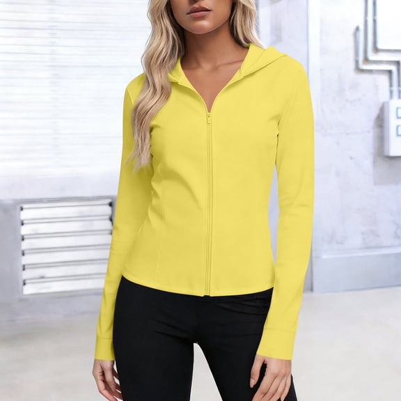 Avrnliq Women's UPF 50 Sun Protection Jacket Yellow Lightweight Zip Up Hoodie Jacket, Stretch Activewear, Plus Size S-5XL with Thumb Holes for Workout & Daily Wear,Size M