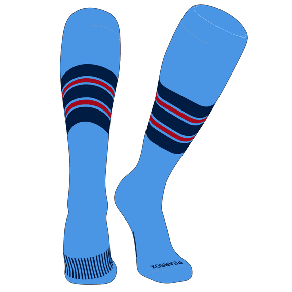PEAR SOX Striped OTC Baseball, Softball, Football Socks (E) Sky Blue, Navy, Red (XS)