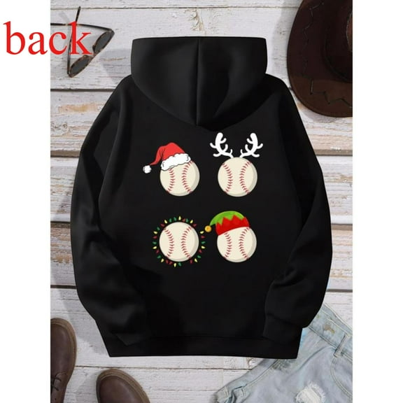 Baseball Christmas Sweatshirt Tops Santa Elf Reindeer Sport Design Cotton Hooded long-sleeved Black S-2XL