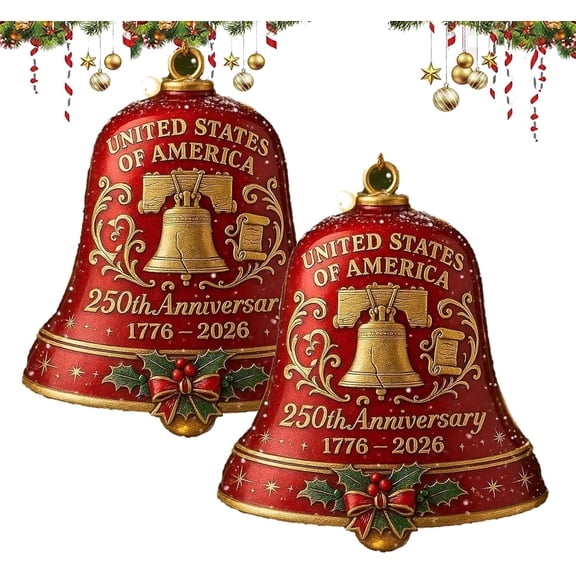 USA 250th Anniversary Bell Ornament - 3D Red & Gold Commemorative Hanging Decor, Elegant Doorbell for Patriotic Holidays, Christmas Tree, Collectors Gift, Enamel Crafted Detailing