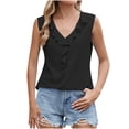 thumbnail image 2 of Tank Tops for Women under $5 Lace Sleeves Round Neck Solid Color Flying Tight Waist T-shirt Black M, 2 of 5