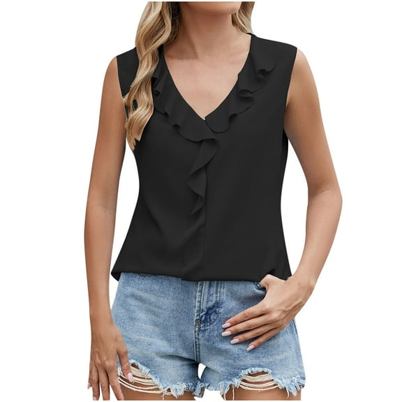 Womens Summer Tops Sevevn Women's V Neck Ruffle Sleeveless Business Casual Tank Top Black 2XL