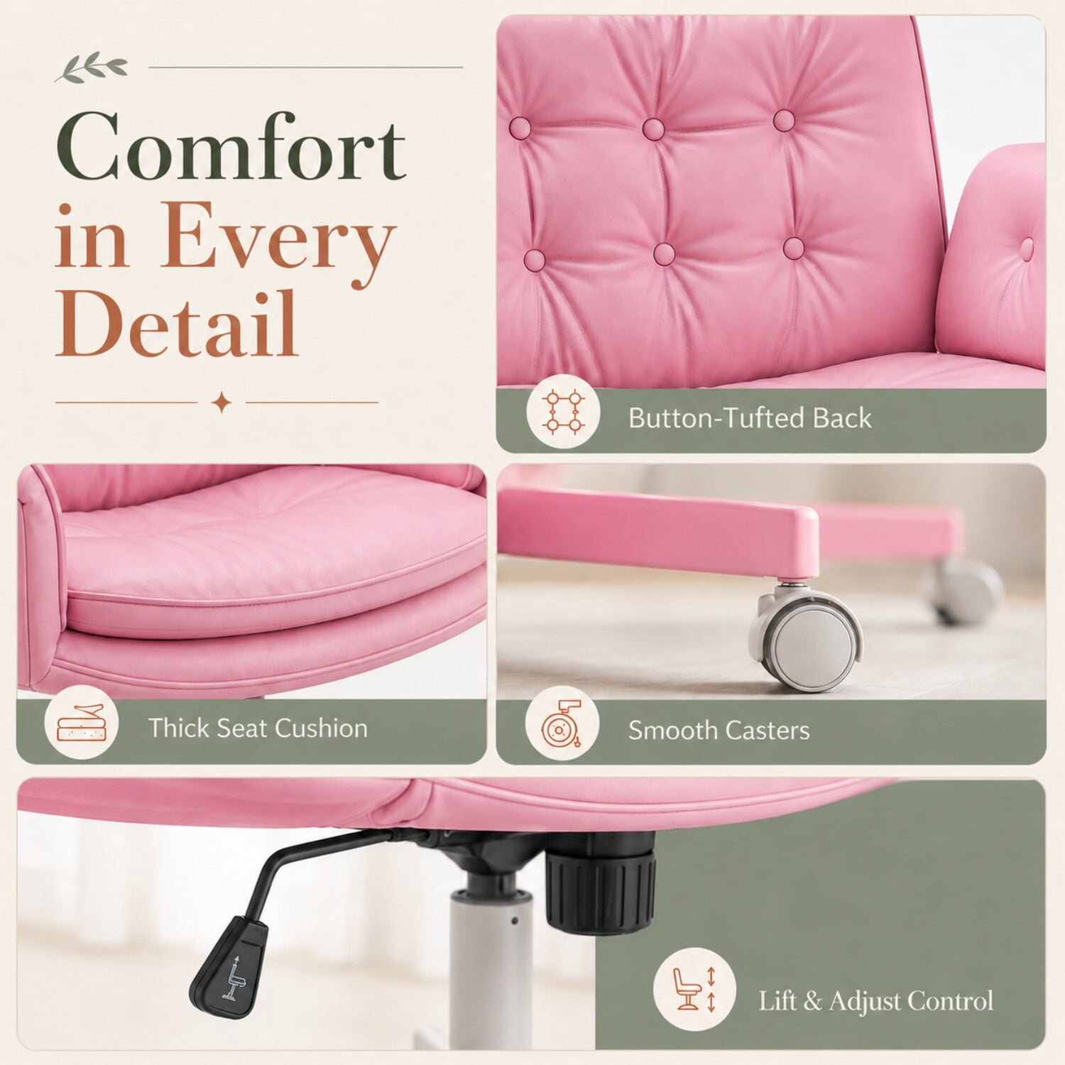 Easy4Home Criss Cross Office Chair with Wheels and Adjustable Armrests, Wide Seat PU Leather Swivel Computer Desk Chair, Pink