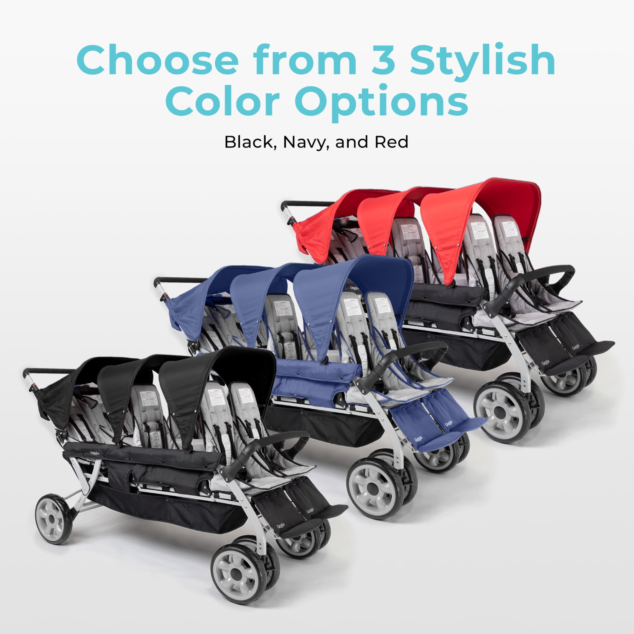 Foundations Gaggle Jamboree 6-Seat Folding Daycare Stroller with Canopies, Reclining Seats, Black