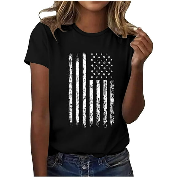 July 4th Tees USA Flag Tops Patriotic Stars Stripes Women Tops Independence Day Short Sleeve Round Neck Graphic Print T-Shirt