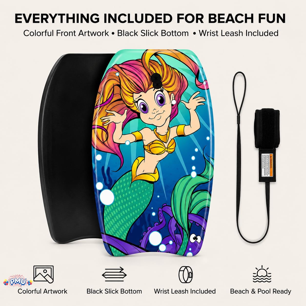 PMU 26 Inch Mermaid Printed Bodyboard - Lightweight Wrist Leash