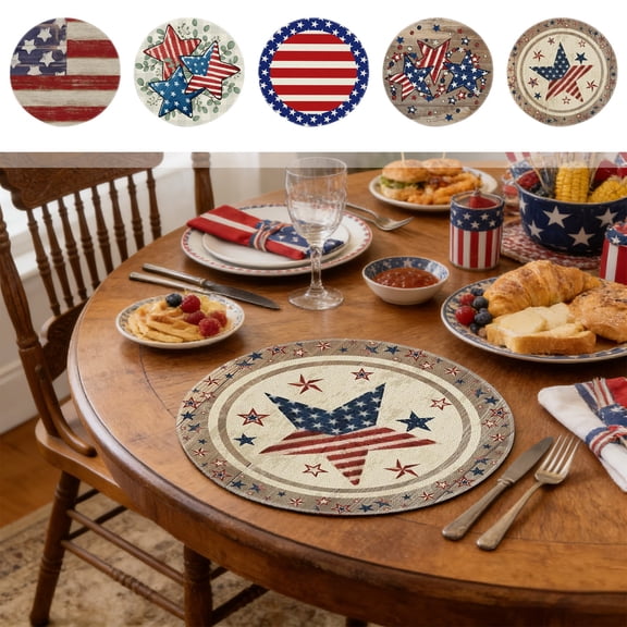 Aoznliie 4th of July Round Placemats, 14x14 Inch Washable Heat Resistant Table Mat with Red White Blue Star Design, Independence Day Placemat for Dining Table Kitchen