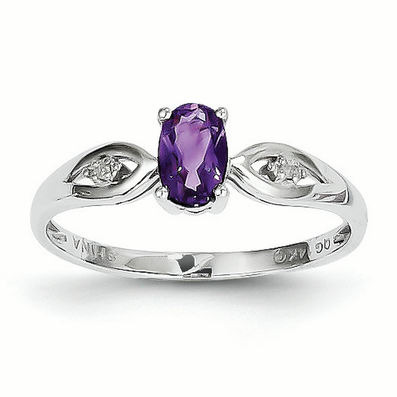 Ring Birthstone 14K White Gold 2 MM Diamond and Amethyst February